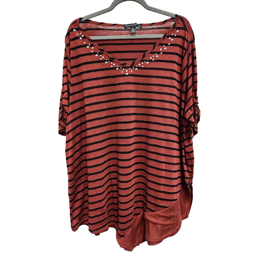 French Laundry Womens Asymmetric Tunic Top Size 3X Orange Black Striped Jeweled